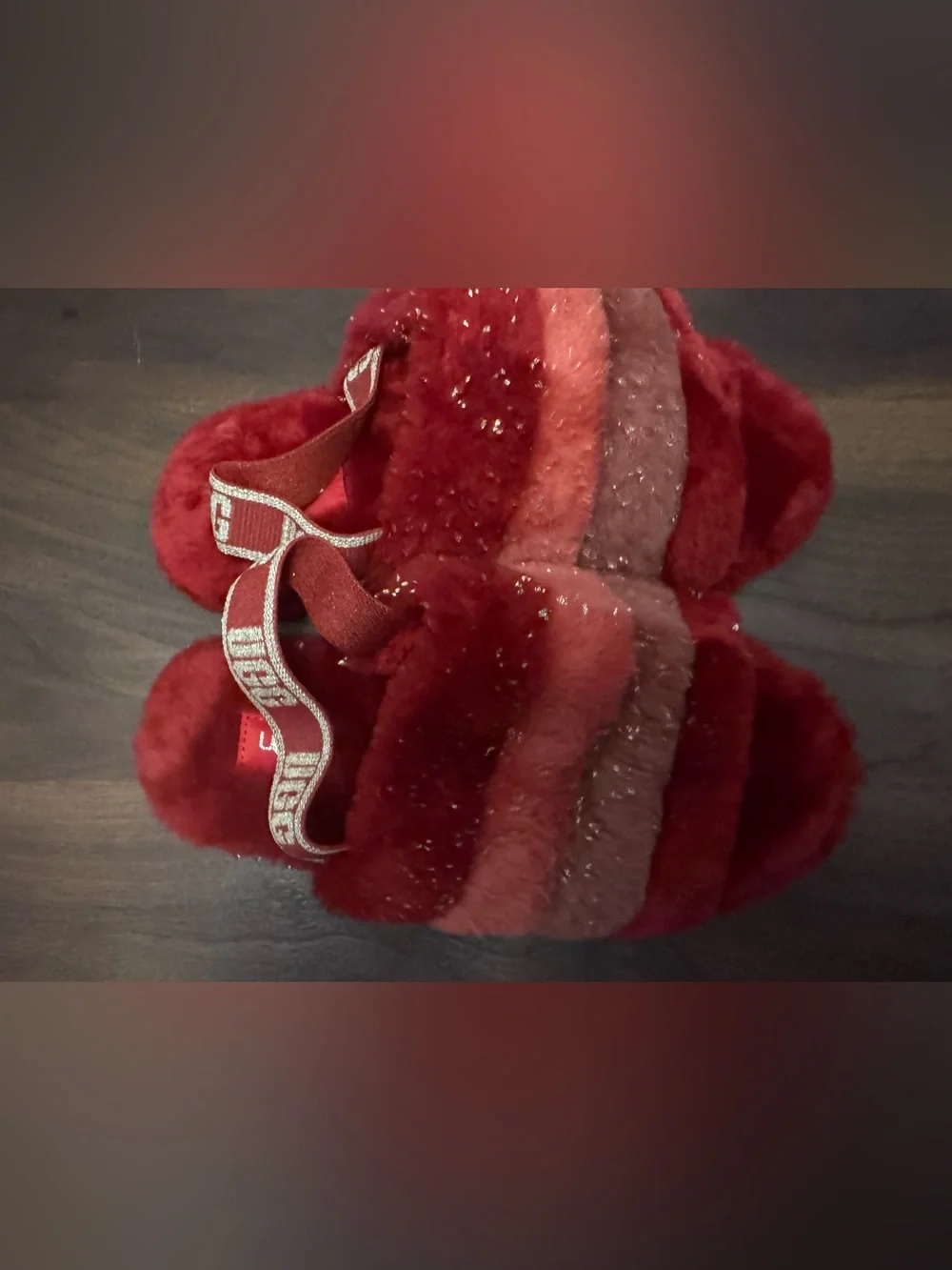 Kid UGG Red and Pink Fuzzy Platform Slides with Logo Strap